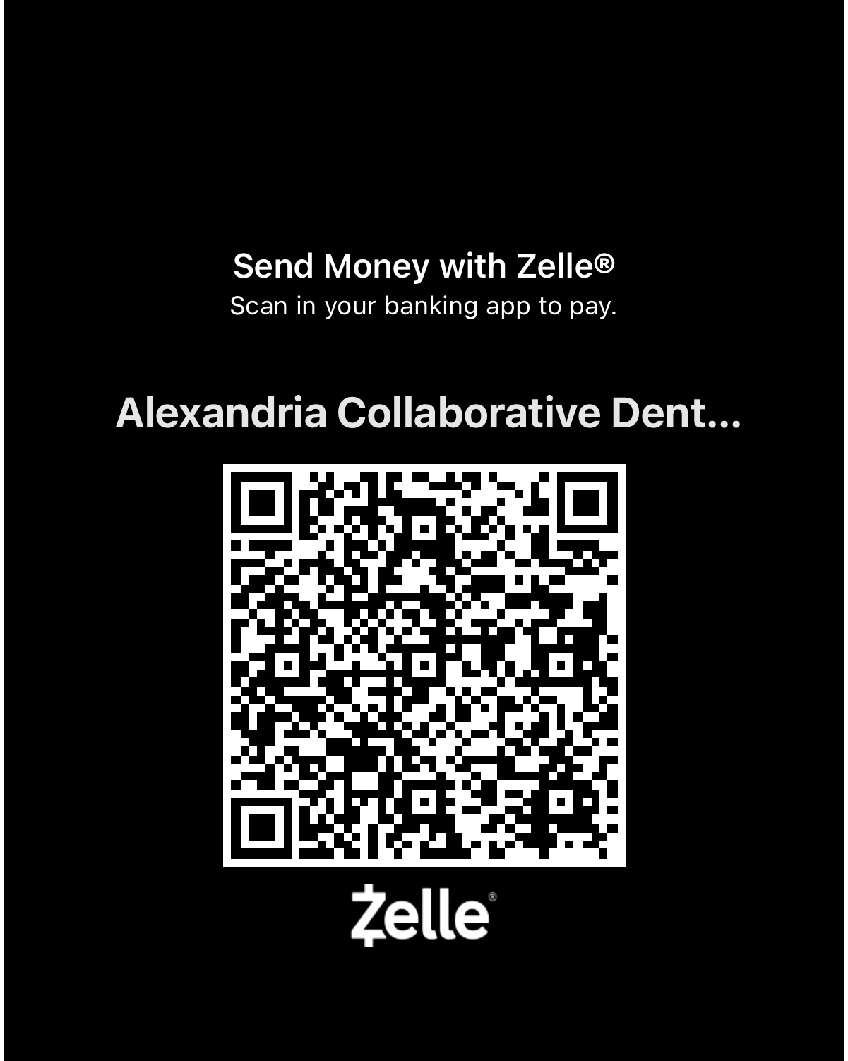 Zelle QR code to send payment to Alexandria Collaborative Dental Connection